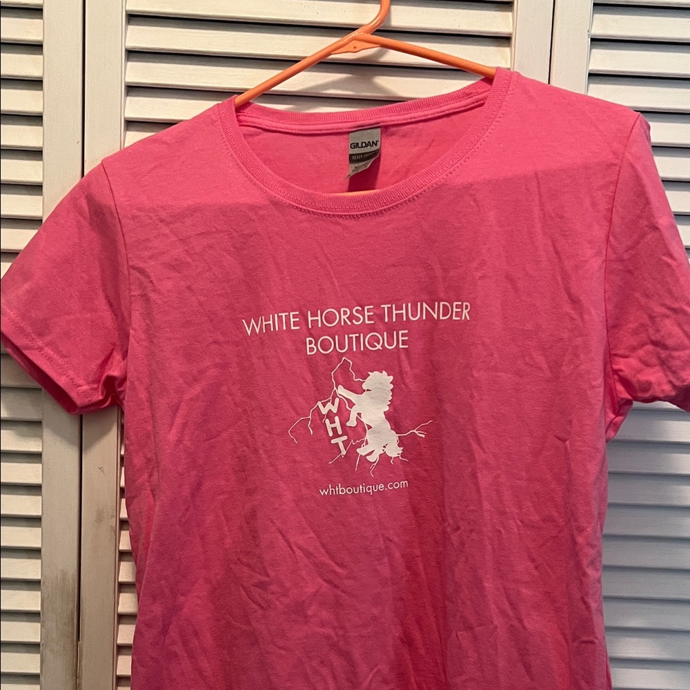 Unisex Gildan Pink T-Shirt with White Horse Thunder Logo Art by Julie Lee